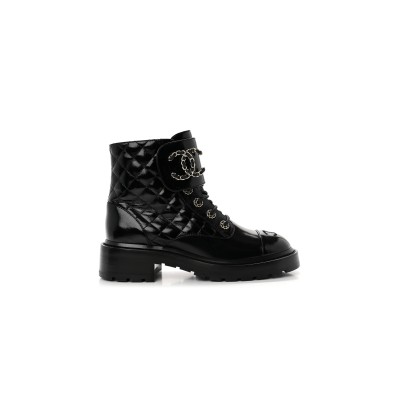 CHANEL SHINY CALFSKIN QUILTED LACE UP COMBAT BOOTS G36424
